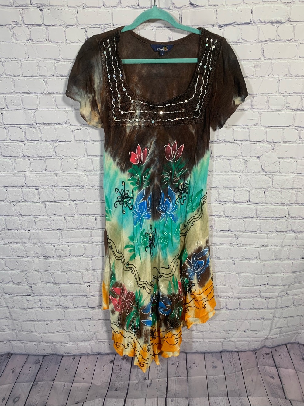 Riviera Sun Womens Scoop Neck Short Sleeve Midi Dress Tie Dye S Hand Painted